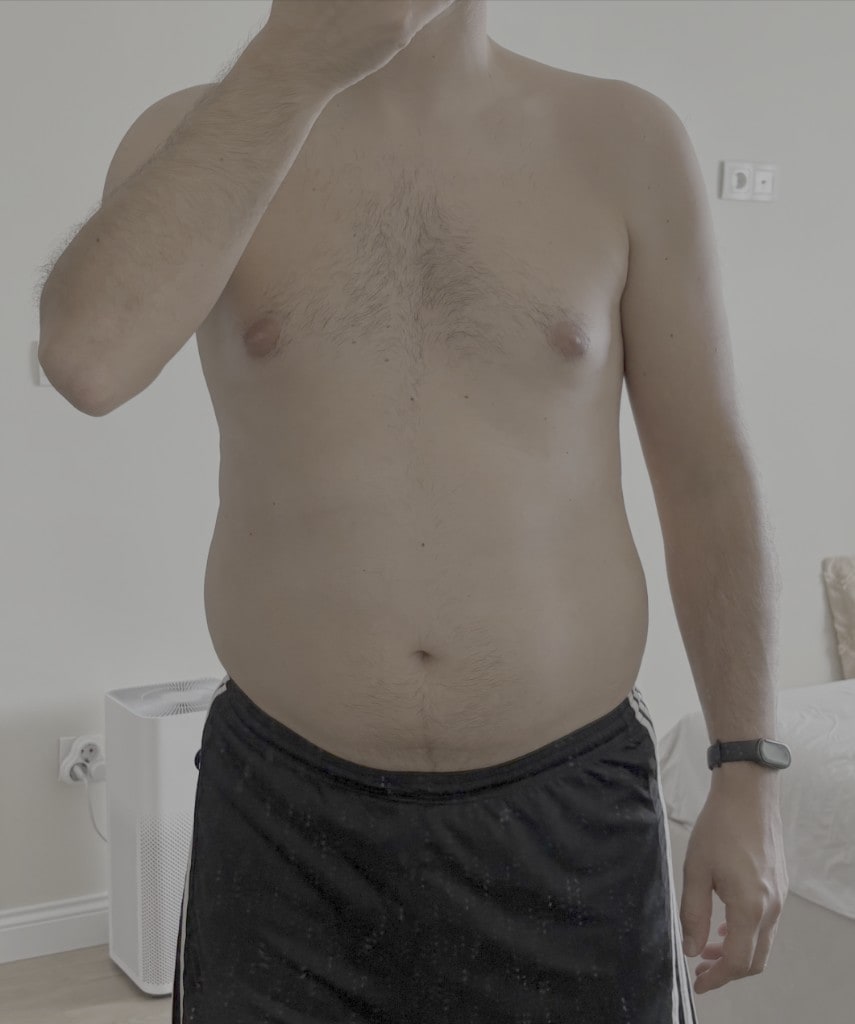 Progress photo 1 · May 2026 · Day one — nearly the same as ~91 kg in 2018